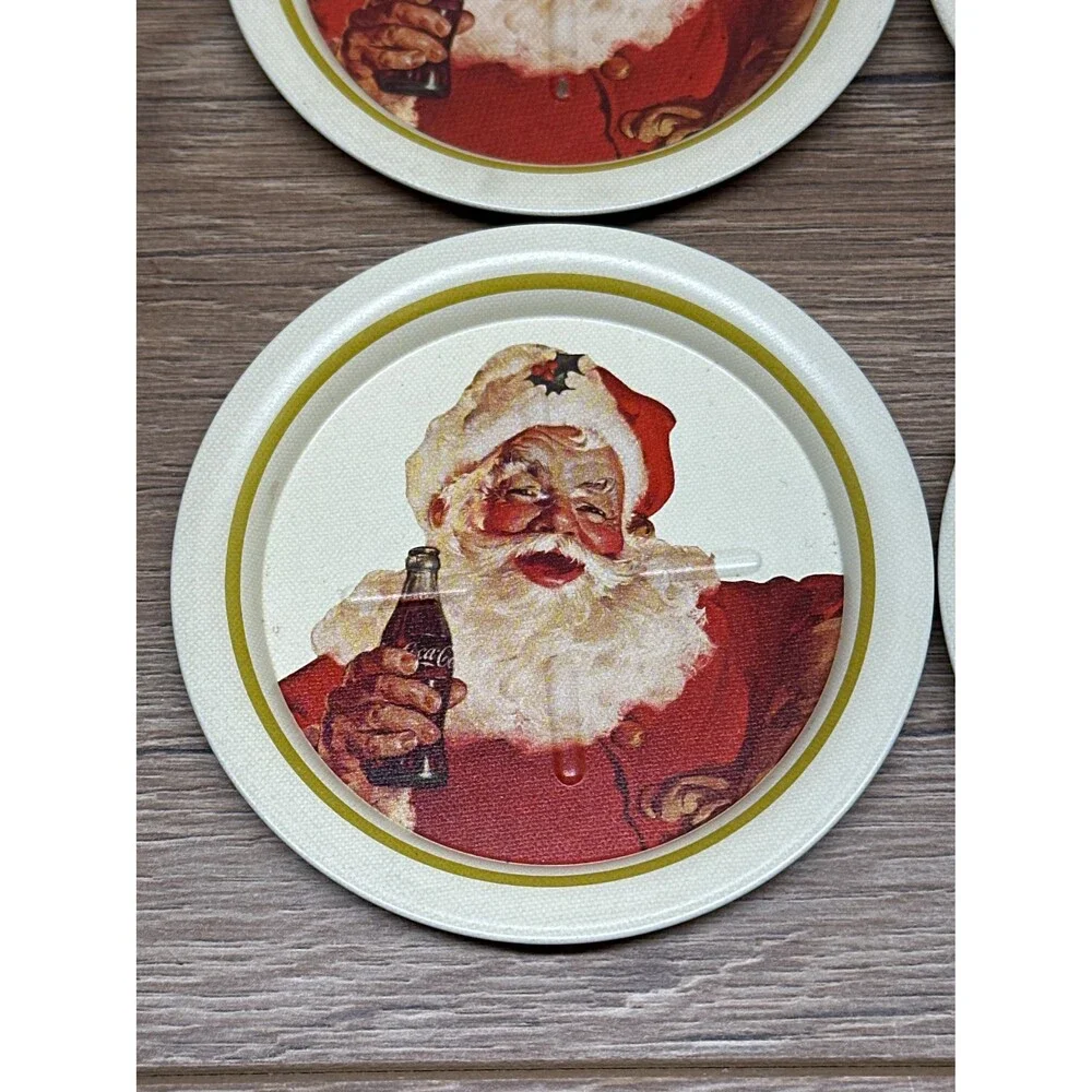 VTG 1983 Ohio Art Metal Coca Cola Santa Coasters Set of 6 Holiday Retro Barware